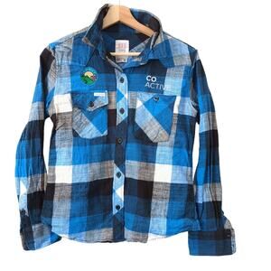 Topo Designs Womens Plaid Work Shirt Blue SM Flannel Camp Long Sleeve Patch